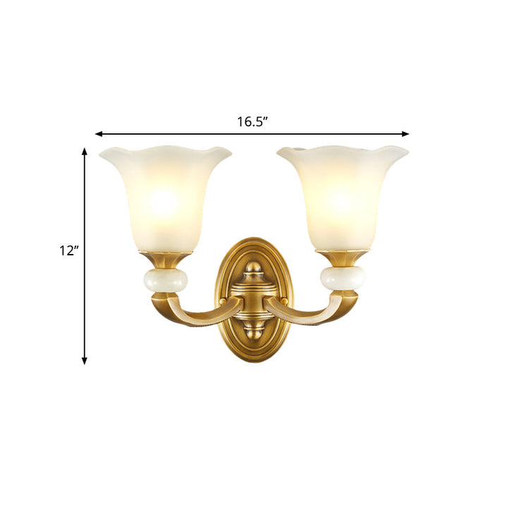 Skørter | Gold Finish 1/2-Bulb Wall Lamp Classic Style Milk White Glass Flower Wall Fixture for Hallway