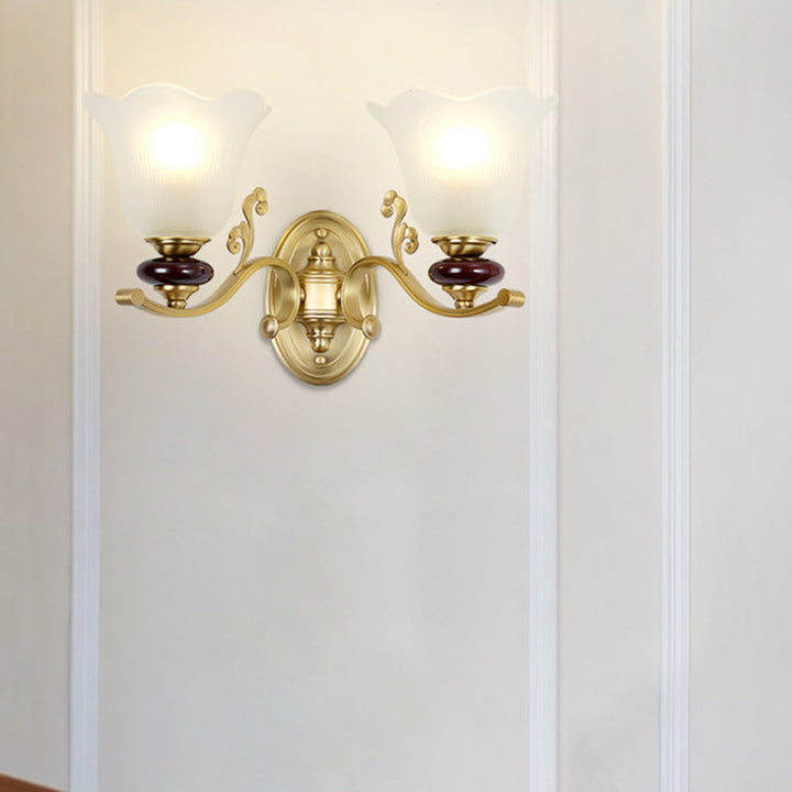 Skørter | 1/2-Bulb Sconces Light Fixture with Petal Shade Frosted Glass Traditional Stylish Bedroom Wall Mounted Light in Gold
