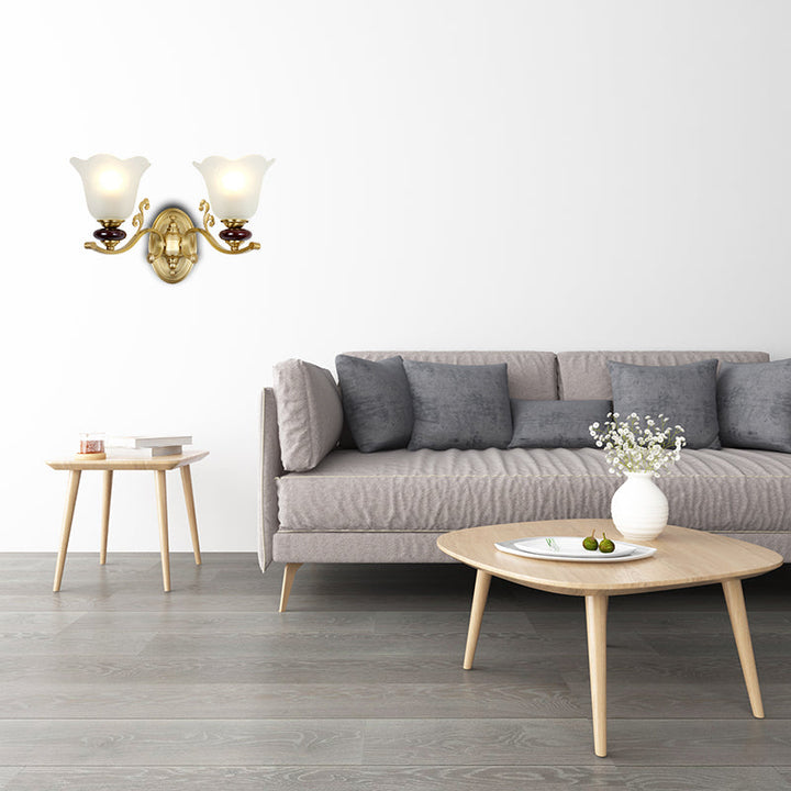 Skørter | 1/2-Bulb Sconces Light Fixture with Petal Shade Frosted Glass Traditional Stylish Bedroom Wall Mounted Light in Gold
