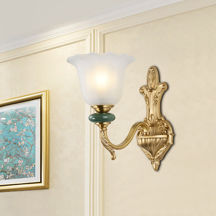 Skørter | 1/2-Head Bell Wall Lamp Vintage Style Opal Glass Wall Mount Lamp with Gold Curved Arm for Bedside