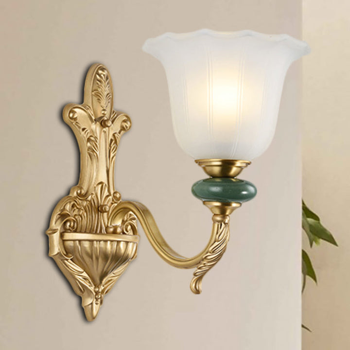 Skørter | 1/2-Head Bell Wall Lamp Vintage Style Opal Glass Wall Mount Lamp with Gold Curved Arm for Bedside