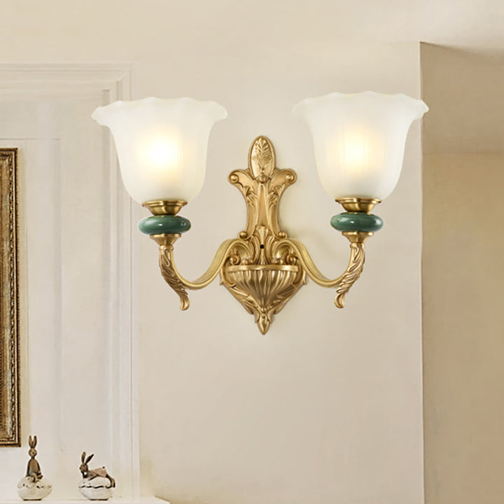 Skørter | 1/2-Head Bell Wall Lamp Vintage Style Opal Glass Wall Mount Lamp with Gold Curved Arm for Bedside