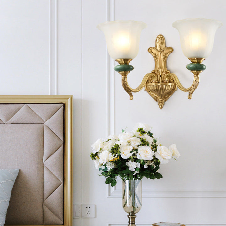 Skørter | 1/2-Head Bell Wall Lamp Vintage Style Opal Glass Wall Mount Lamp with Gold Curved Arm for Bedside