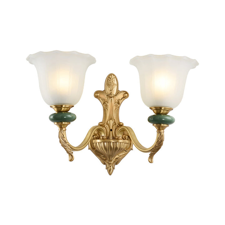 Skørter | 1/2-Head Bell Wall Lamp Vintage Style Opal Glass Wall Mount Lamp with Gold Curved Arm for Bedside
