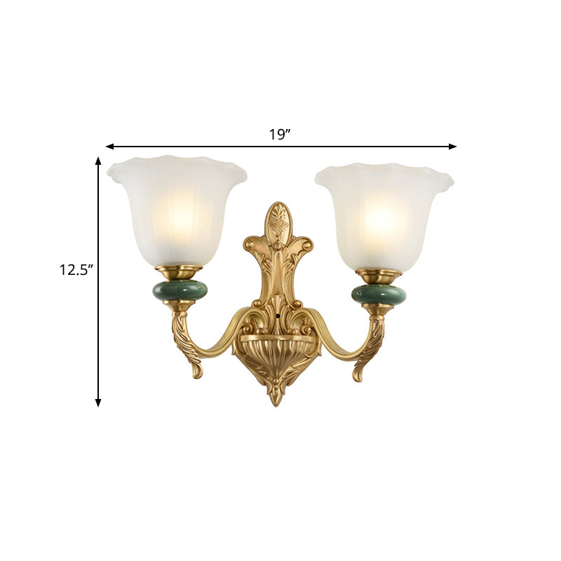 Skørter | 1/2-Head Bell Wall Lamp Vintage Style Opal Glass Wall Mount Lamp with Gold Curved Arm for Bedside