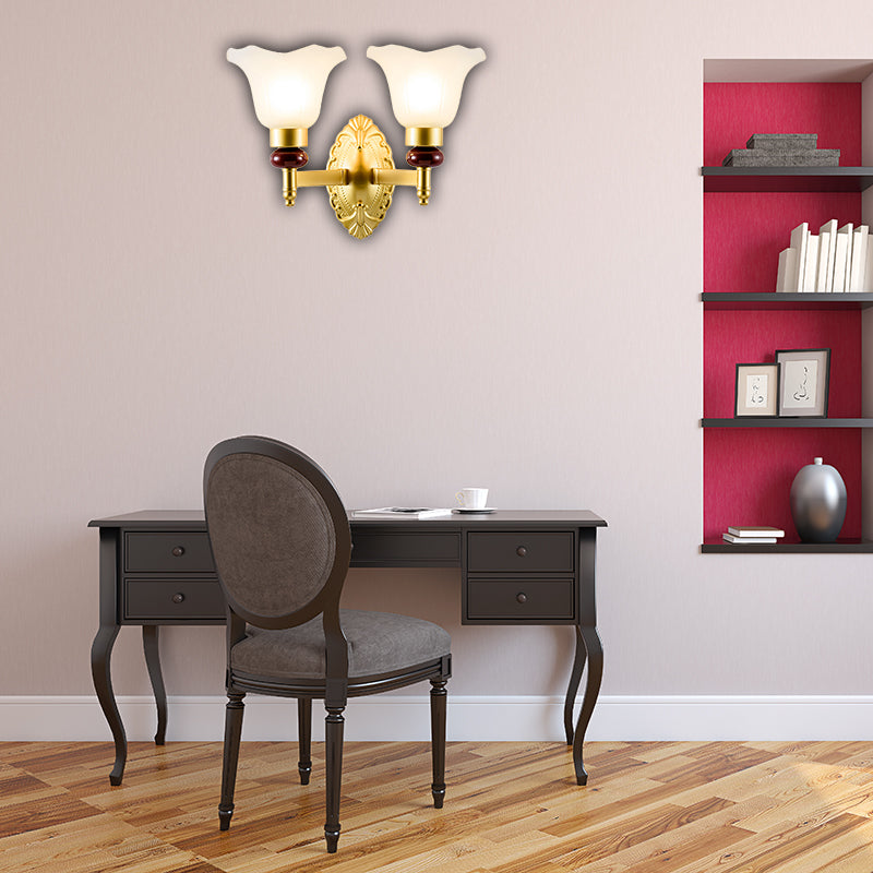 Skørter | 1/2-Head Wall Lamp with Petal Shade Opal Glass Vintage Style Bedroom Wall Lamp in Gold