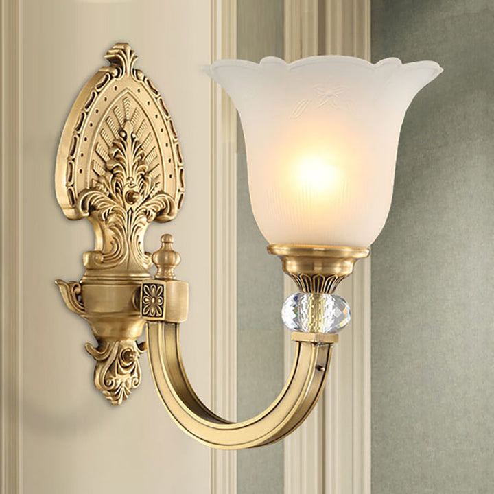 Skørter | Bell Frosted Glass Wall Lamp Fixture Vintage Style 1/2-Head Bedside Wall Light with Gold Backplate