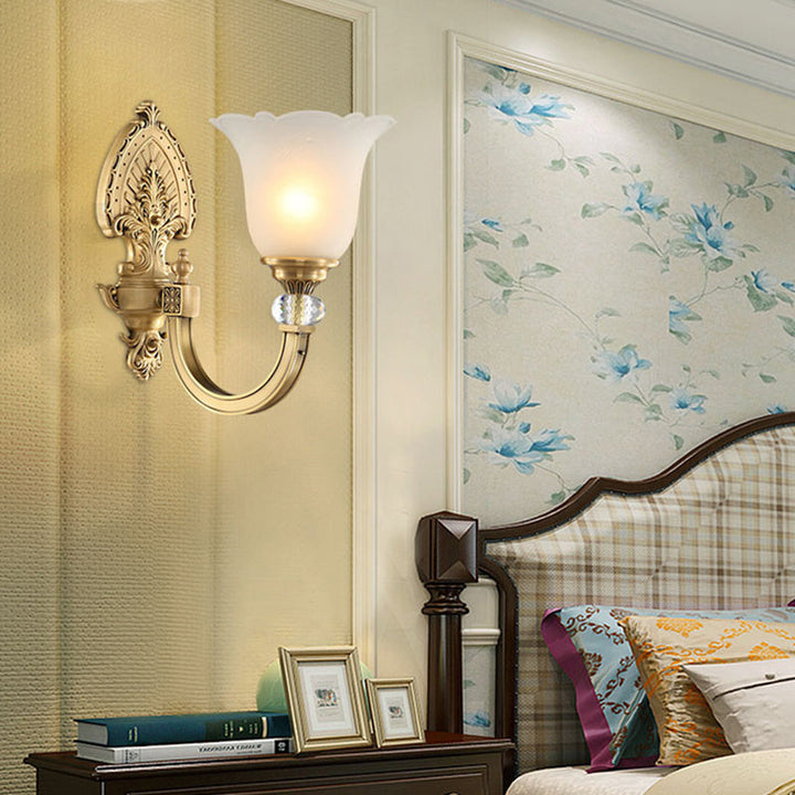 Skørter | Bell Frosted Glass Wall Lamp Fixture Vintage Style 1/2-Head Bedside Wall Light with Gold Backplate