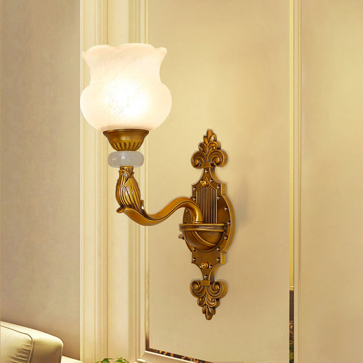 Skørter | 1/2-Pear Floral Wall Light Classic Style Milk Glass Wall Lamp with Brass Carved Back Panel
