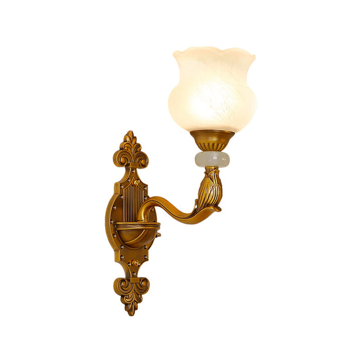 Skørter | 1/2-Pear Floral Wall Light Classic Style Milk Glass Wall Lamp with Brass Carved Back Panel