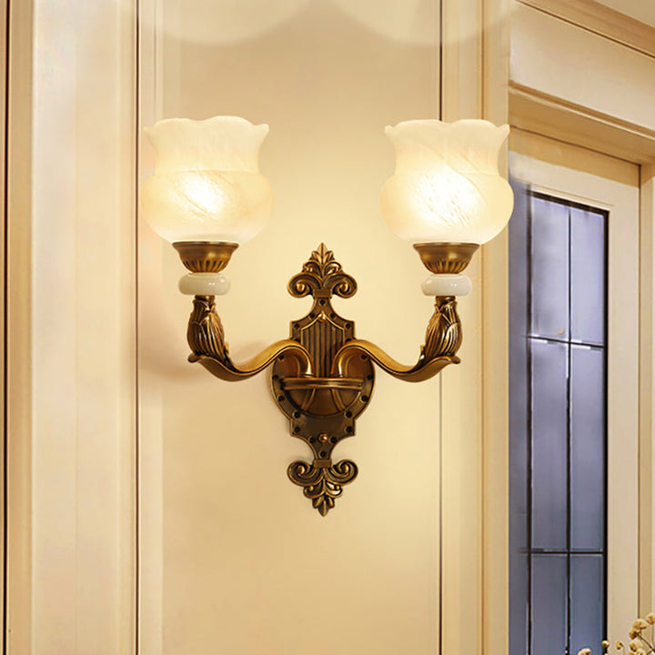 Skørter | 1/2-Pear Floral Wall Light Classic Style Milk Glass Wall Lamp with Brass Carved Back Panel