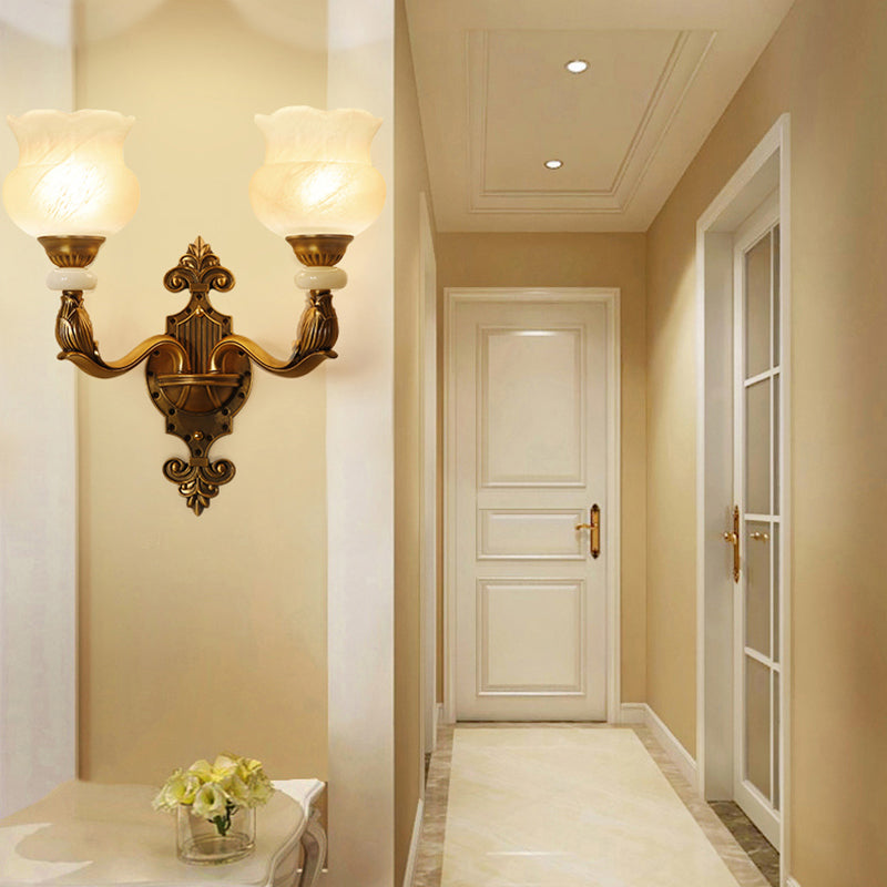 Skørter | 1/2-Pear Floral Wall Light Classic Style Milk Glass Wall Lamp with Brass Carved Back Panel