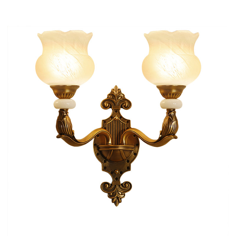 Skørter | 1/2-Pear Floral Wall Light Classic Style Milk Glass Wall Lamp with Brass Carved Back Panel