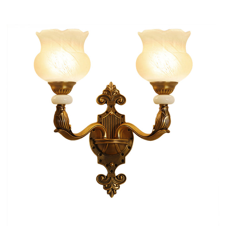 Skørter | 1/2-Pear Floral Wall Light Classic Style Milk Glass Wall Lamp with Brass Carved Back Panel