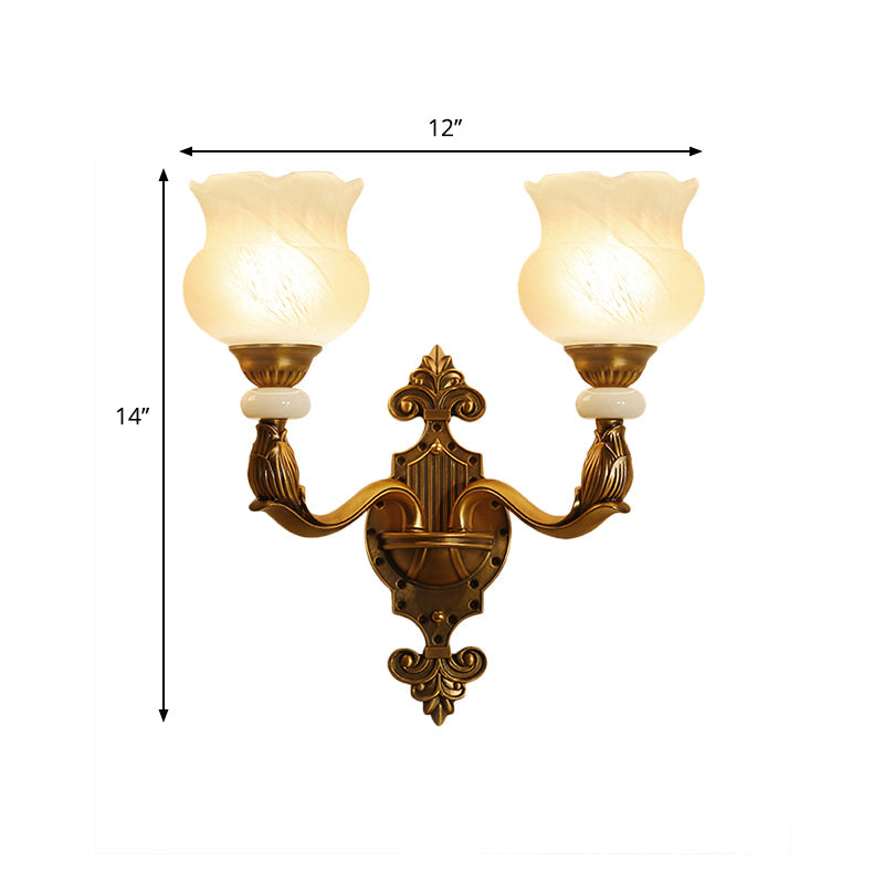 Skørter | 1/2-Pear Floral Wall Light Classic Style Milk Glass Wall Lamp with Brass Carved Back Panel