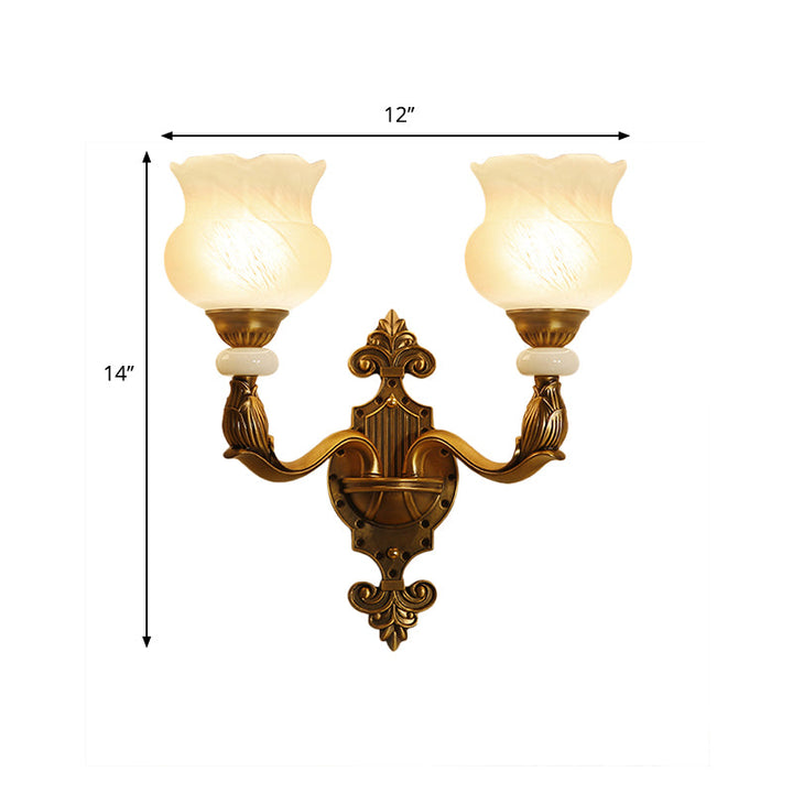 Skørter | 1/2-Pear Floral Wall Light Classic Style Milk Glass Wall Lamp with Brass Carved Back Panel
