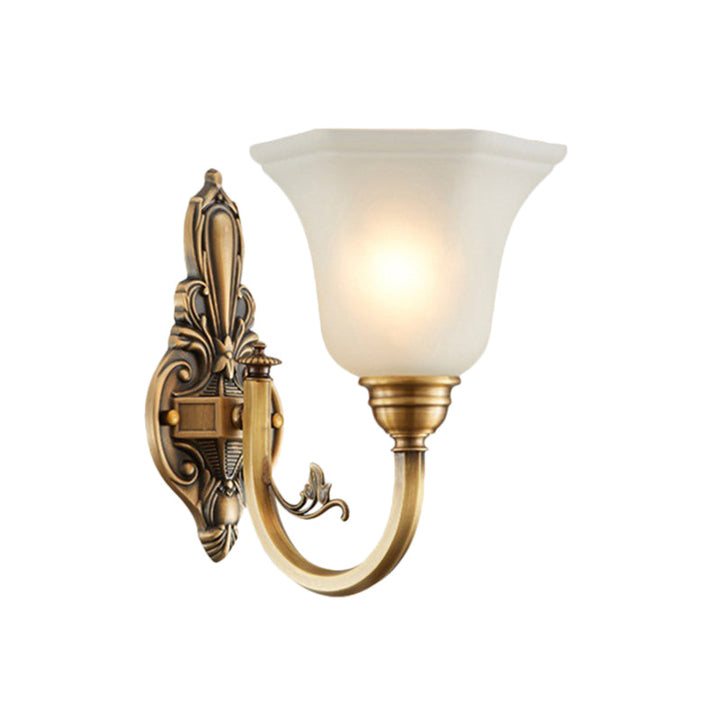 Skørter | Vintage curved wall-mounted lamp 1/2-head brass metal wall sconce with white glass bell shade