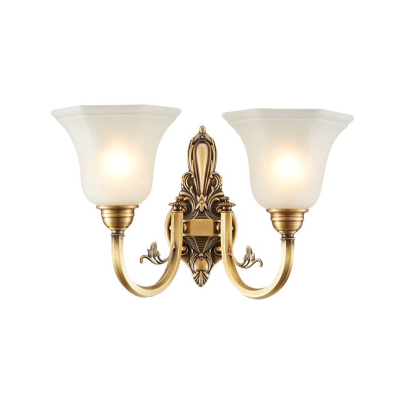 Skørter | Vintage curved wall-mounted lamp 1/2-head brass metal wall sconce with white glass bell shade