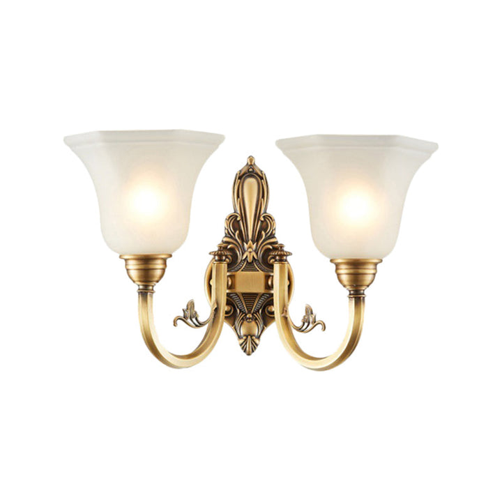 Skørter | Vintage curved wall-mounted lamp 1/2-head brass metal wall sconce with white glass bell shade