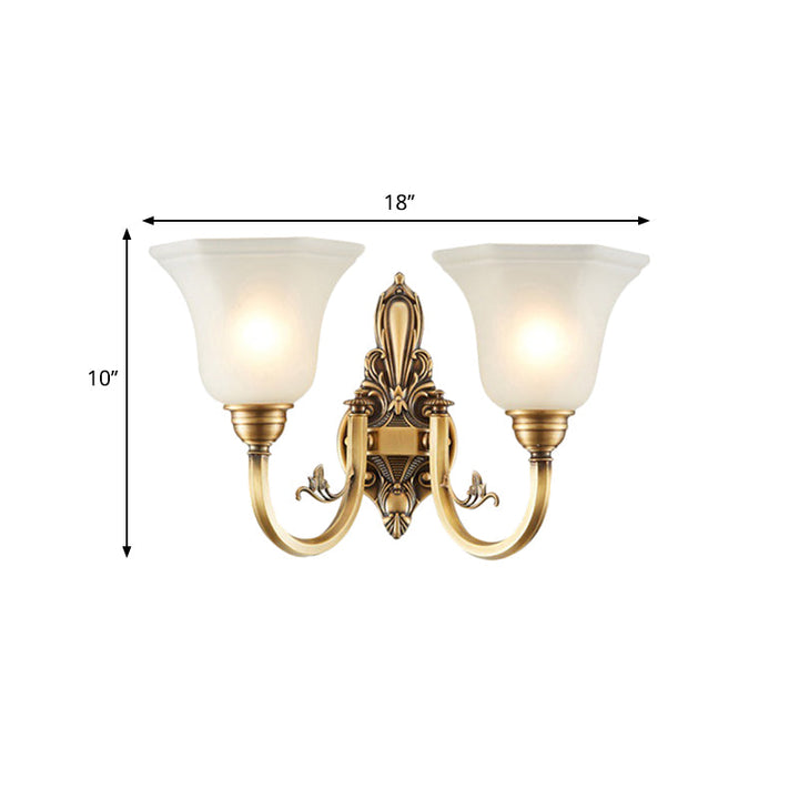 Skørter | Vintage curved wall-mounted lamp 1/2-head brass metal wall sconce with white glass bell shade