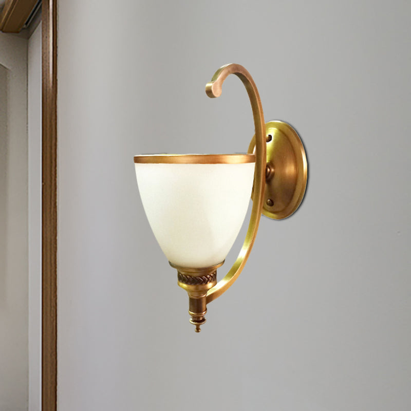 Skørter | Metal Curved Wall Light Fixture Colonial Style 1/2-Light Bedroom Gold Wall Lamp with Opal Glass Bowl Shade