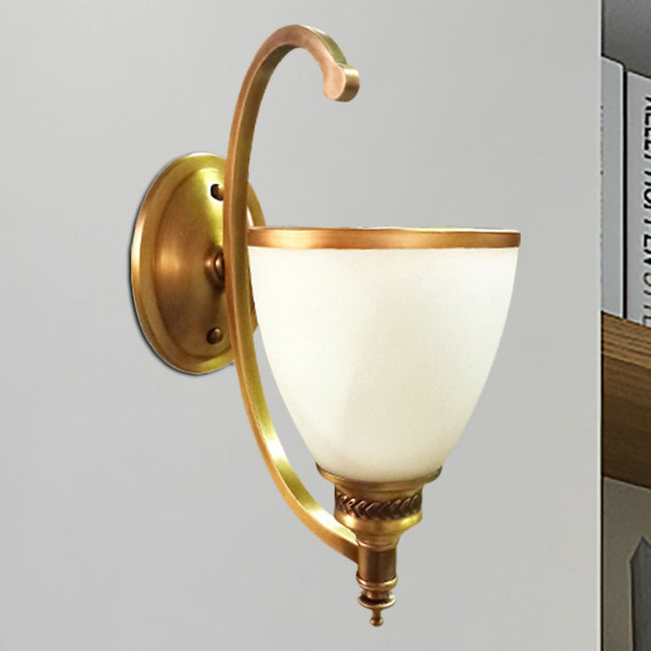 Skørter | Metal Curved Wall Light Fixture Colonial Style 1/2-Light Bedroom Gold Wall Lamp with Opal Glass Bowl Shade
