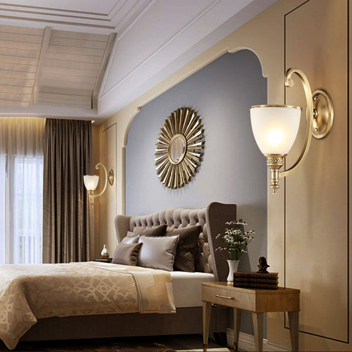 Skørter | Metal Curved Wall Light Fixture Colonial Style 1/2-Light Bedroom Gold Wall Lamp with Opal Glass Bowl Shade