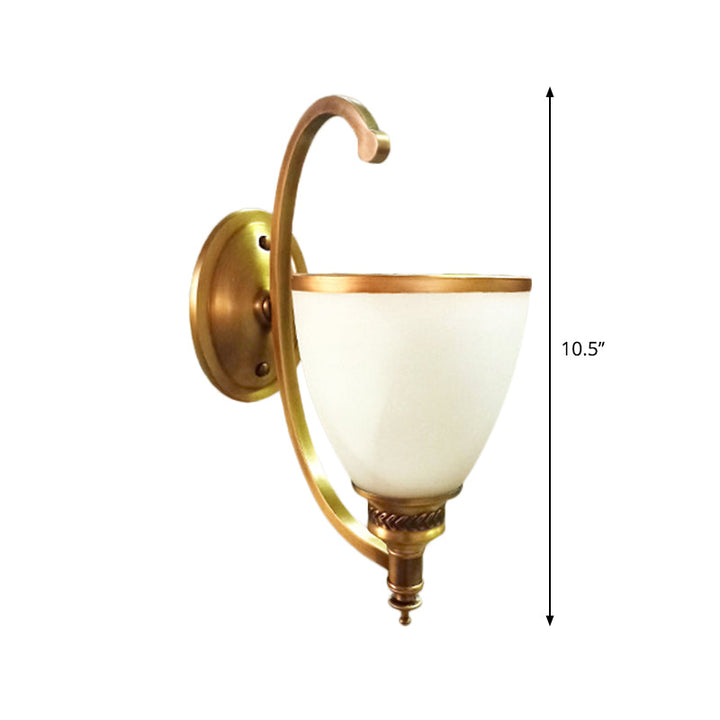 Skørter | Metal Curved Wall Light Fixture Colonial Style 1/2-Light Bedroom Gold Wall Lamp with Opal Glass Bowl Shade