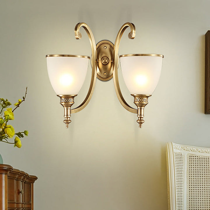 Skørter | Metal Curved Wall Light Fixture Colonial Style 1/2-Light Bedroom Gold Wall Lamp with Opal Glass Bowl Shade