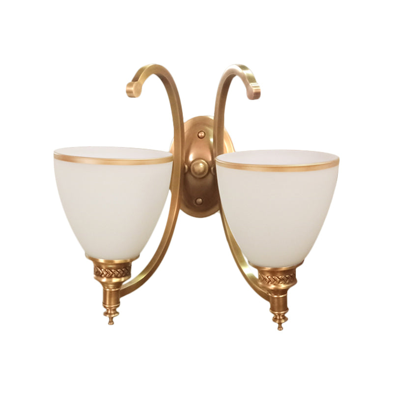 Skørter | Metal Curved Wall Light Fixture Colonial Style 1/2-Light Bedroom Gold Wall Lamp with Opal Glass Bowl Shade