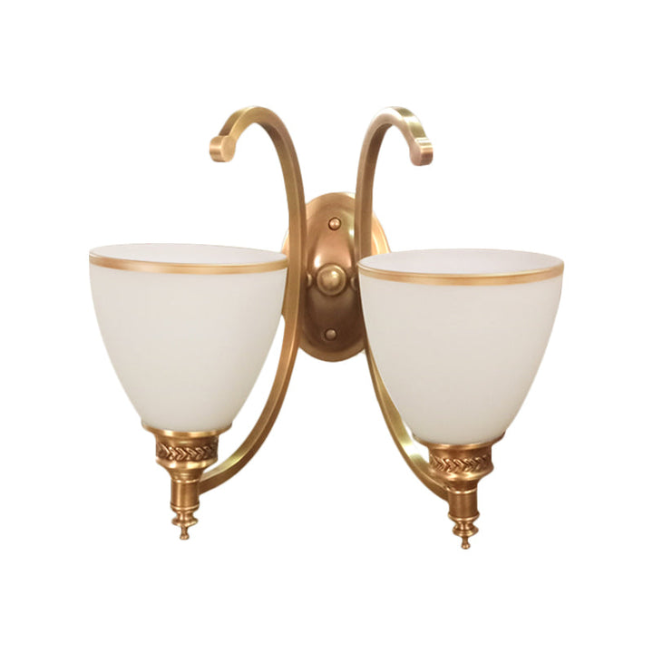 Skørter | Metal Curved Wall Light Fixture Colonial Style 1/2-Light Bedroom Gold Wall Lamp with Opal Glass Bowl Shade