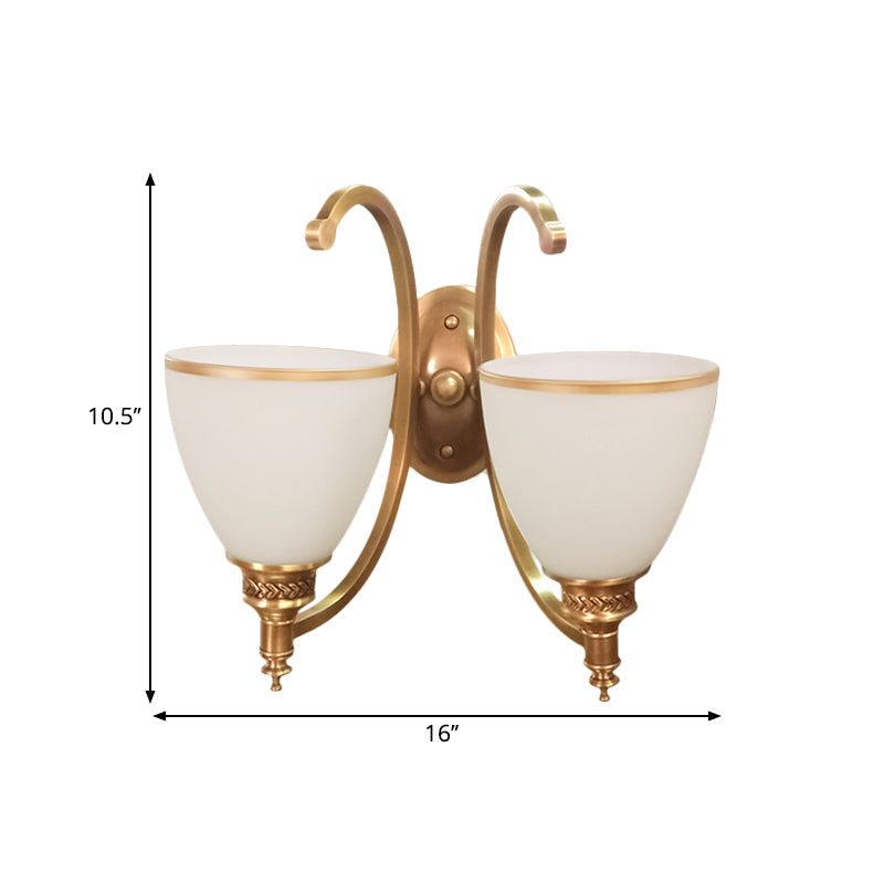 Skørter | Metal Curved Wall Light Fixture Colonial Style 1/2-Light Bedroom Gold Wall Lamp with Opal Glass Bowl Shade