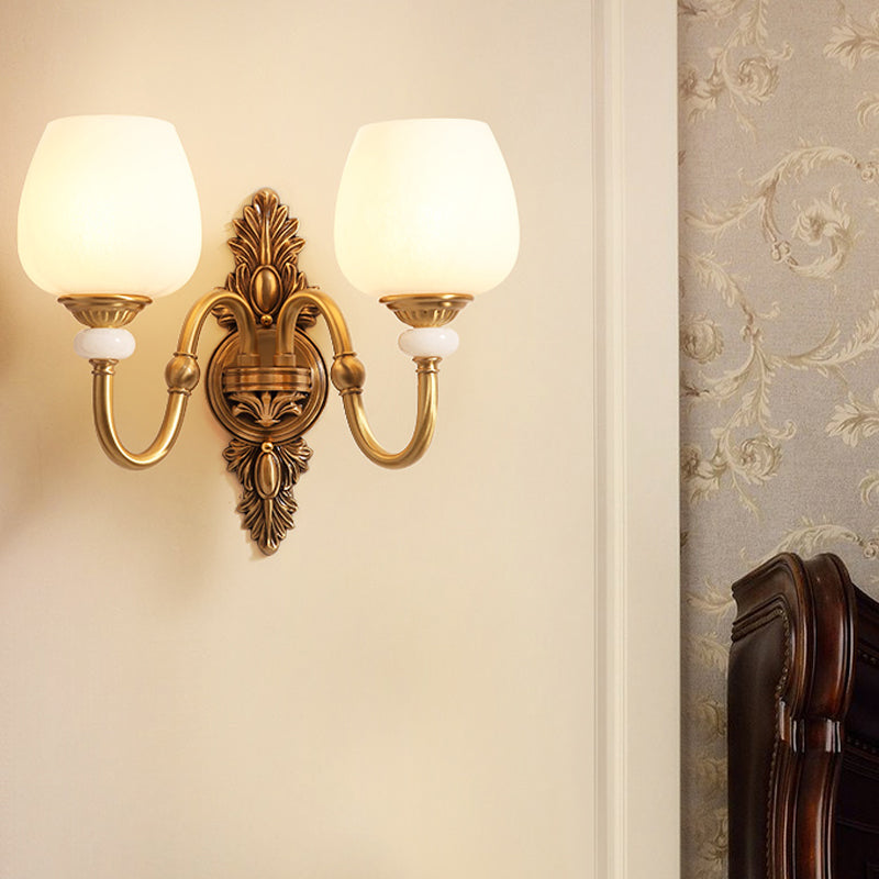 Skørter | Metal Brass Wall Lamp Fixture Gansnekk 1/2-Light Vintage Stylish Wall Lamp with White Glass Bowl Shade