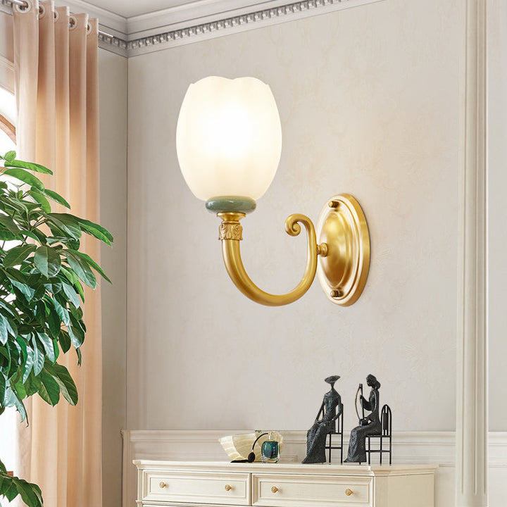 Skørter | Opaline Glass Flower Wall Lamp Vintage Style 1/2-Light Living Room Wall Light Fixture in Brass