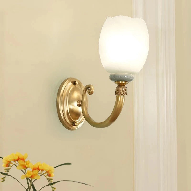 Skørter | Opaline Glass Flower Wall Lamp Vintage Style 1/2-Light Living Room Wall Light Fixture in Brass