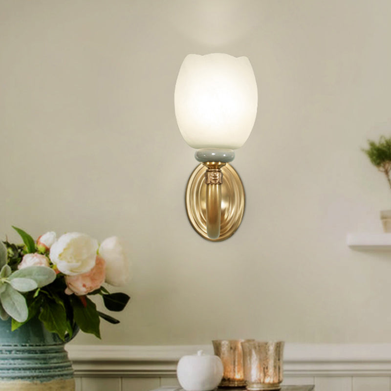 Skørter | Opaline Glass Flower Wall Lamp Vintage Style 1/2-Light Living Room Wall Light Fixture in Brass