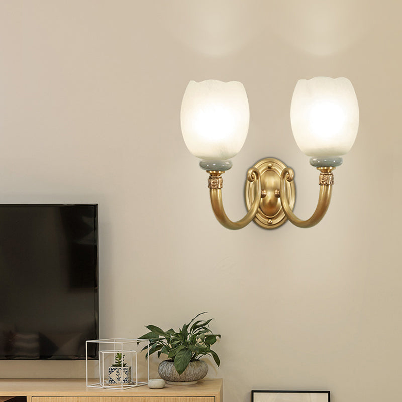 Skørter | Opaline Glass Flower Wall Lamp Vintage Style 1/2-Light Living Room Wall Light Fixture in Brass