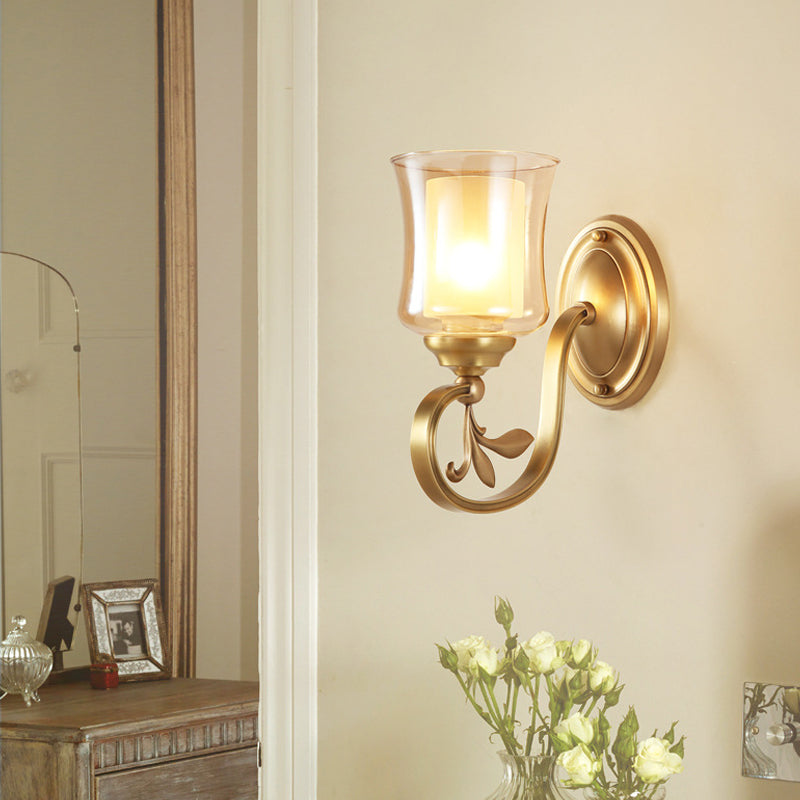 Skørter | Amber Glass Bell Wall Lamp Vintage 1/2-Bulb Foyer Brass Finish Wall Light with Inner Cylinder Shade