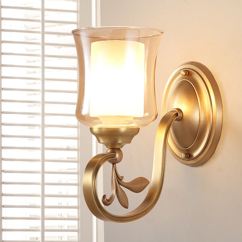 Skørter | Amber Glass Bell Wall Lamp Vintage 1/2-Bulb Foyer Brass Finish Wall Light with Inner Cylinder Shade
