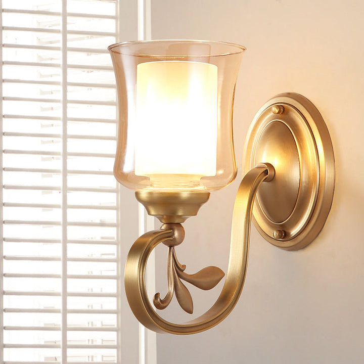 Skørter | Amber Glass Bell Wall Lamp Vintage 1/2-Bulb Foyer Brass Finish Wall Light with Inner Cylinder Shade