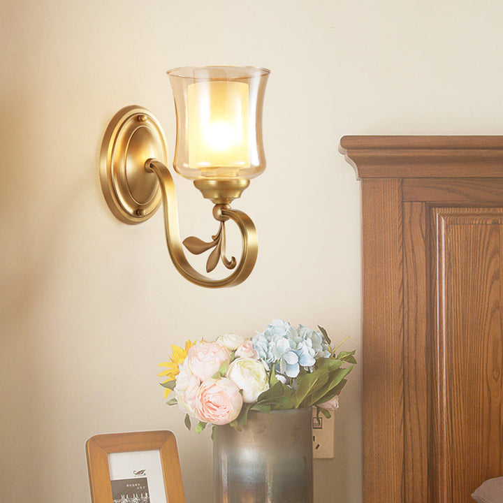 Skørter | Amber Glass Bell Wall Lamp Vintage 1/2-Bulb Foyer Brass Finish Wall Light with Inner Cylinder Shade