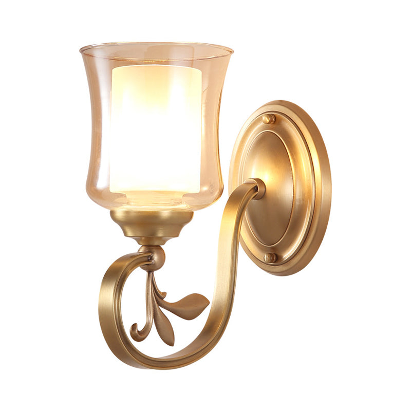 Skørter | Amber Glass Bell Wall Lamp Vintage 1/2-Bulb Foyer Brass Finish Wall Light with Inner Cylinder Shade