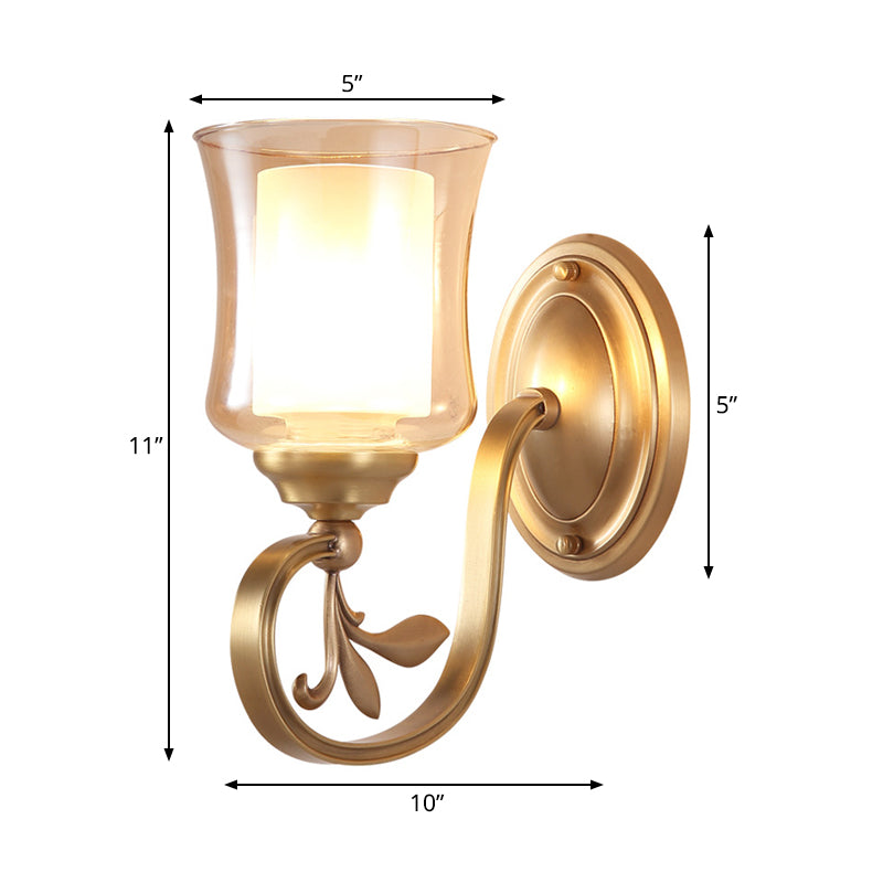 Skørter | Amber Glass Bell Wall Lamp Vintage 1/2-Bulb Foyer Brass Finish Wall Light with Inner Cylinder Shade