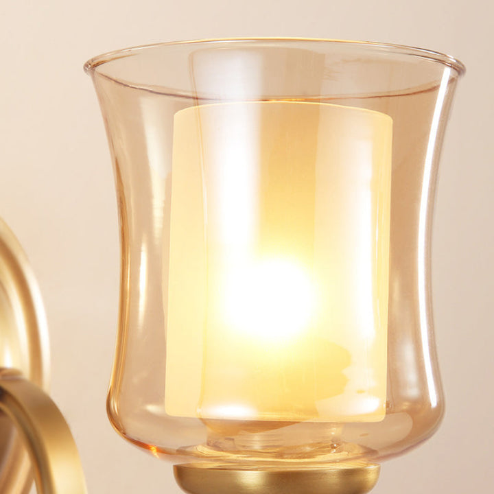 Skørter | Amber Glass Bell Wall Lamp Vintage 1/2-Bulb Foyer Brass Finish Wall Light with Inner Cylinder Shade