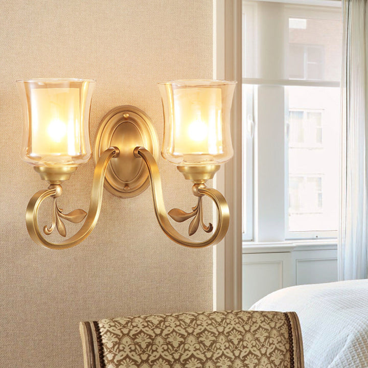 Skørter | Amber Glass Bell Wall Lamp Vintage 1/2-Bulb Foyer Brass Finish Wall Light with Inner Cylinder Shade