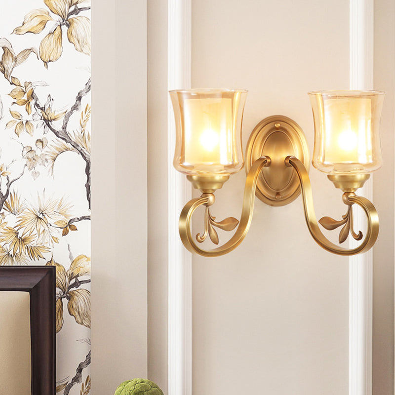 Skørter | Amber Glass Bell Wall Lamp Vintage 1/2-Bulb Foyer Brass Finish Wall Light with Inner Cylinder Shade