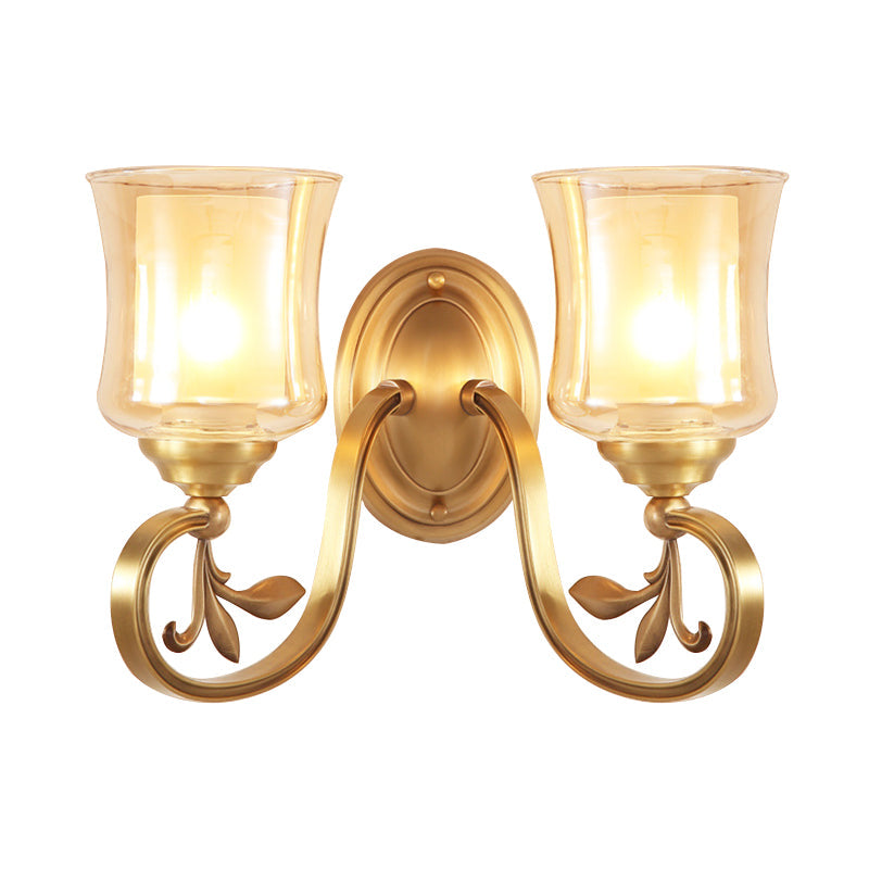 Skørter | Amber Glass Bell Wall Lamp Vintage 1/2-Bulb Foyer Brass Finish Wall Light with Inner Cylinder Shade