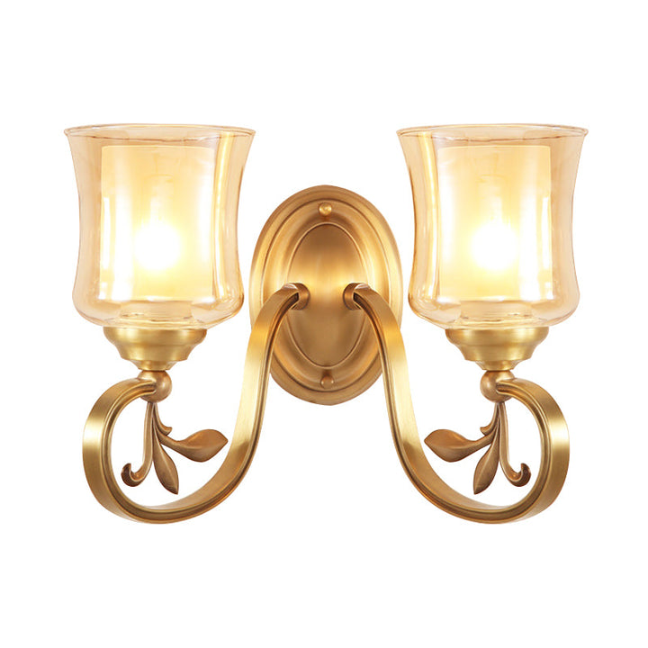 Skørter | Amber Glass Bell Wall Lamp Vintage 1/2-Bulb Foyer Brass Finish Wall Light with Inner Cylinder Shade