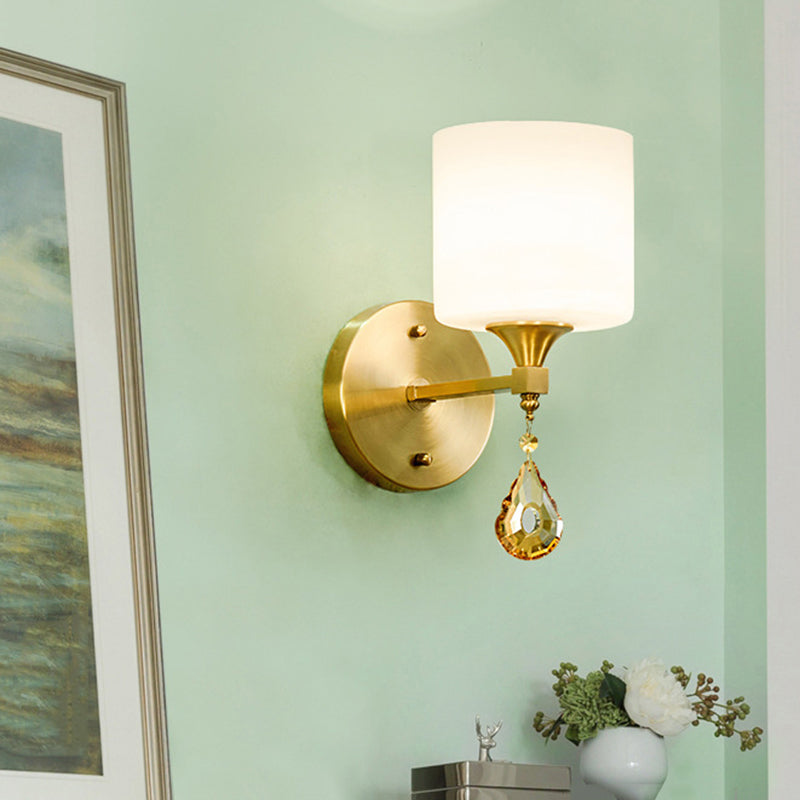 Skørter | Drum Shade Corridor Wall Light Modern Style Milk Glass 1/2-Bulb Brass Finish Wall Lamp with Amber Crystal Draping