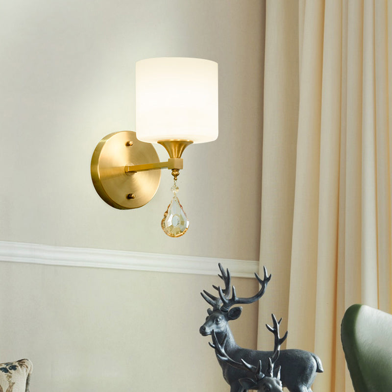 Skørter | Drum Shade Corridor Wall Light Modern Style Milk Glass 1/2-Bulb Brass Finish Wall Lamp with Amber Crystal Draping
